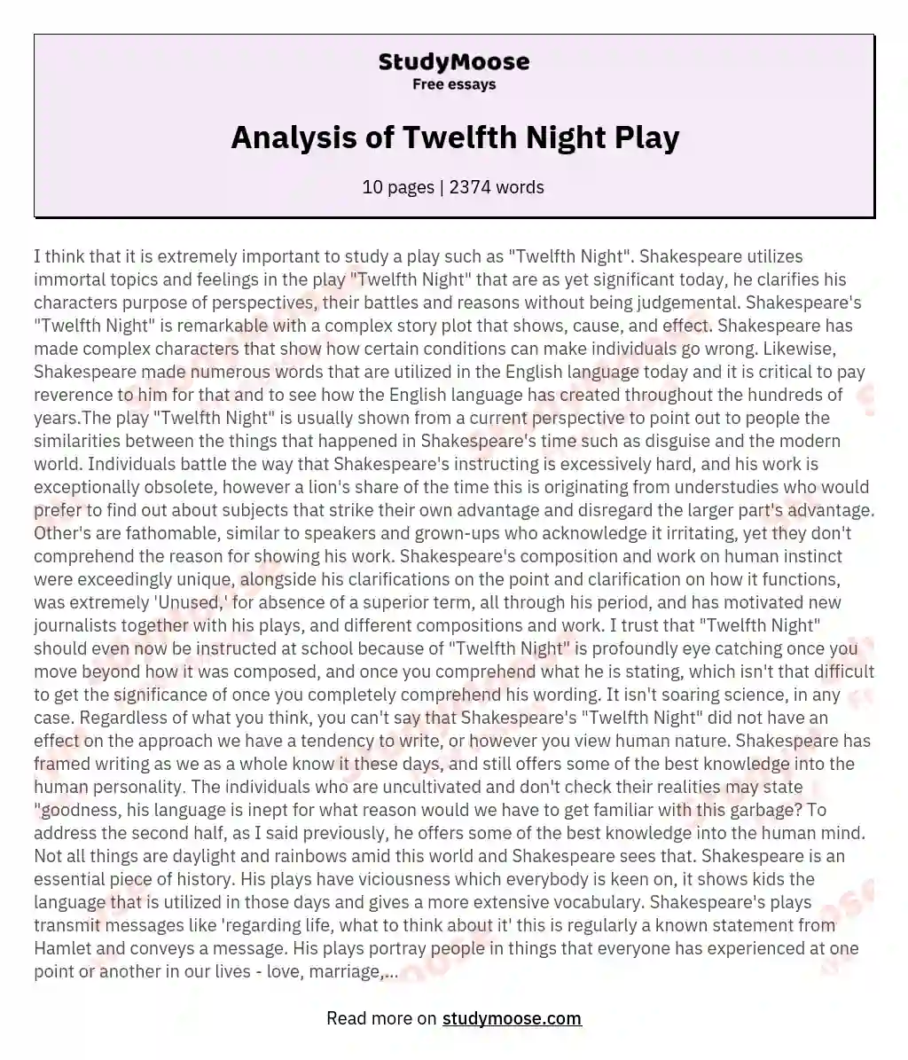 Analysis of Twelfth Night Play essay