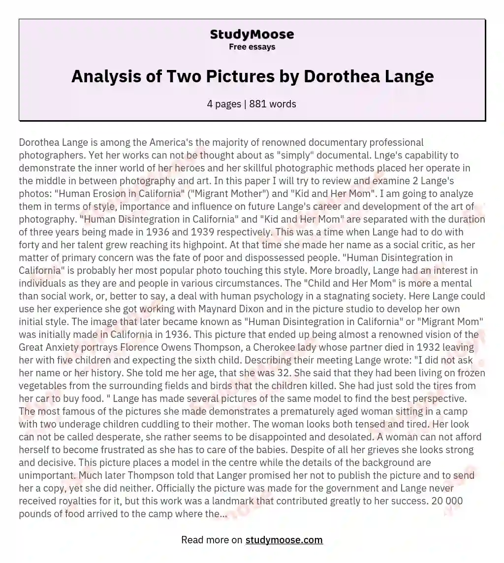 Analysis of Two Pictures by Dorothea Lange essay