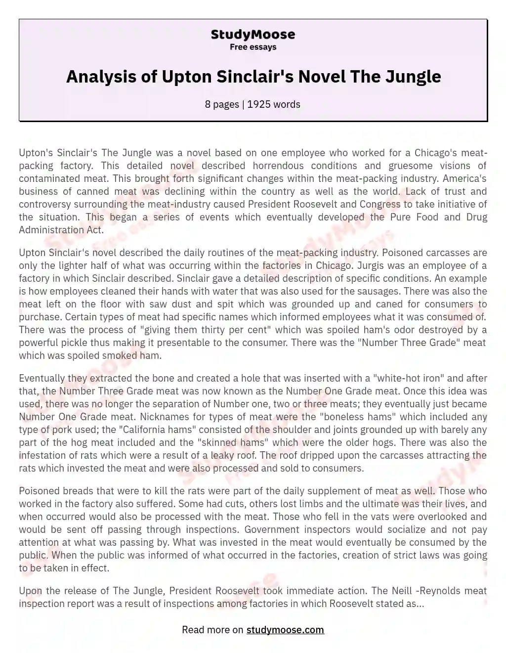 Analysis of Upton Sinclair's Novel The Jungle