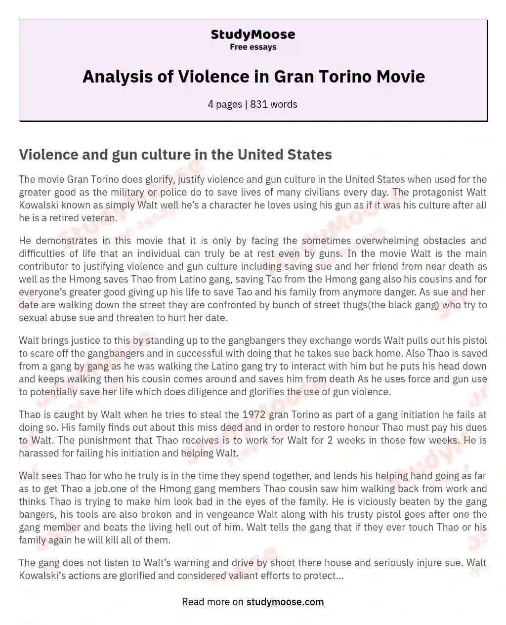Analysis of Violence in Gran Torino Movie essay