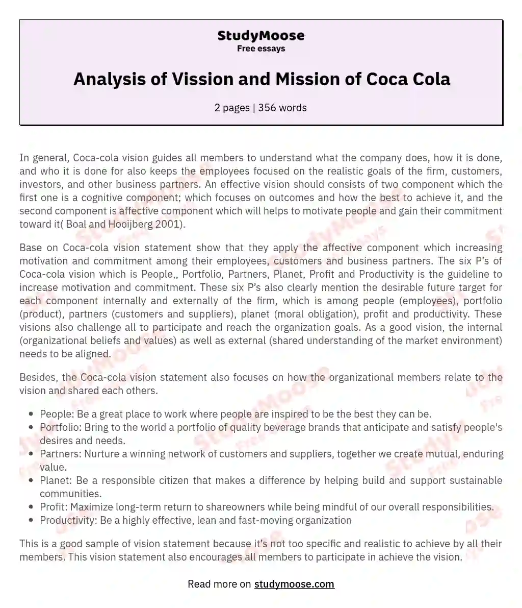 Analysis of Vission and Mission of Coca Cola essay