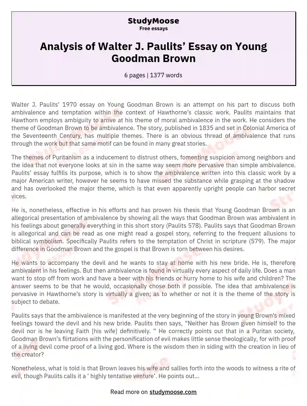 Analysis of Walter J. Paulits’ Essay on Young Goodman Brown
