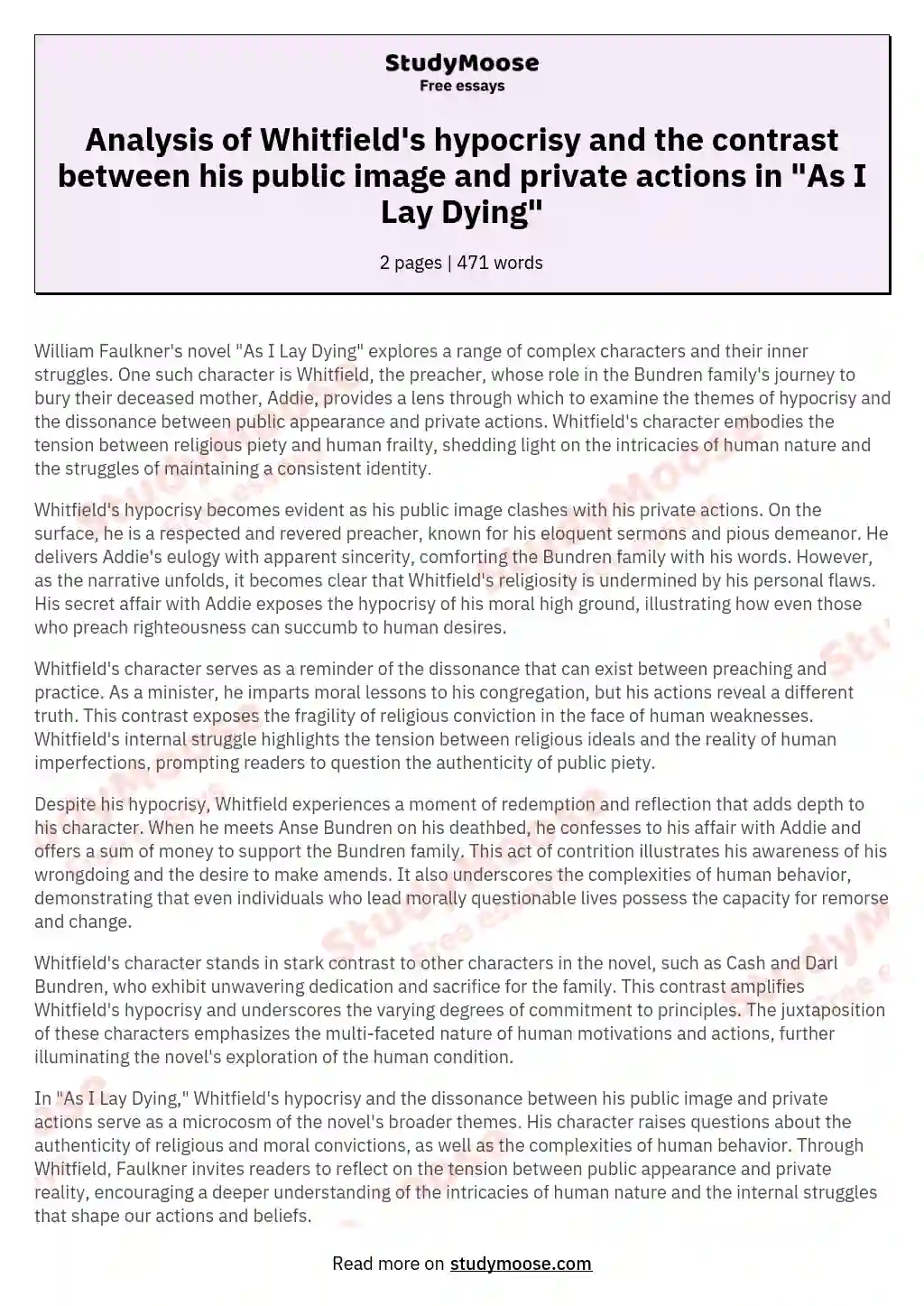 Analysis of Whitfield's hypocrisy and the contrast between his public image and private actions in "As I Lay Dying" essay