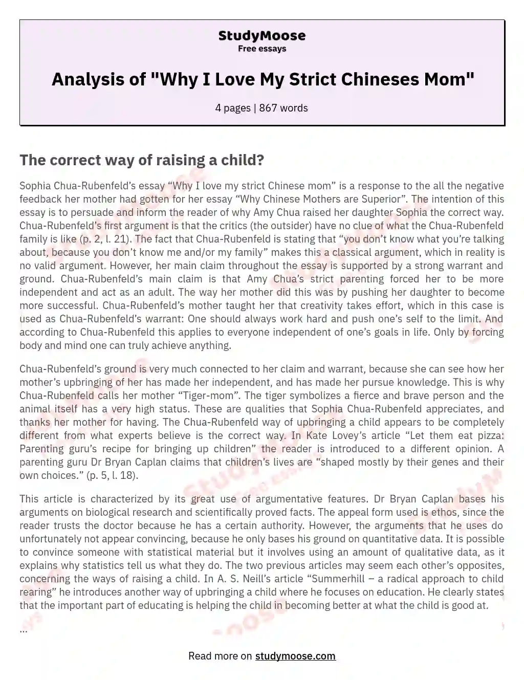 Analysis of "Why I Love My Strict Chineses Mom" essay