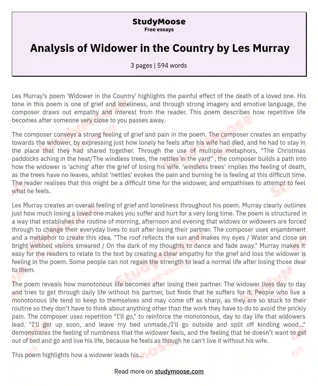Analysis of Widower in the Country by Les Murray essay