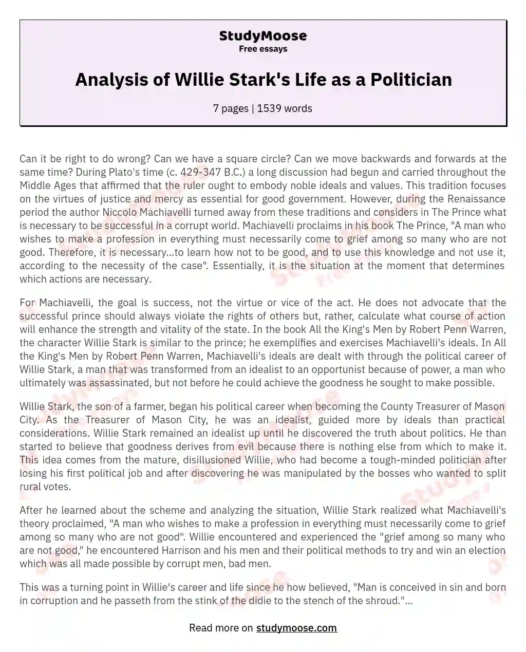 Analysis of Willie Stark's Life as a Politician
