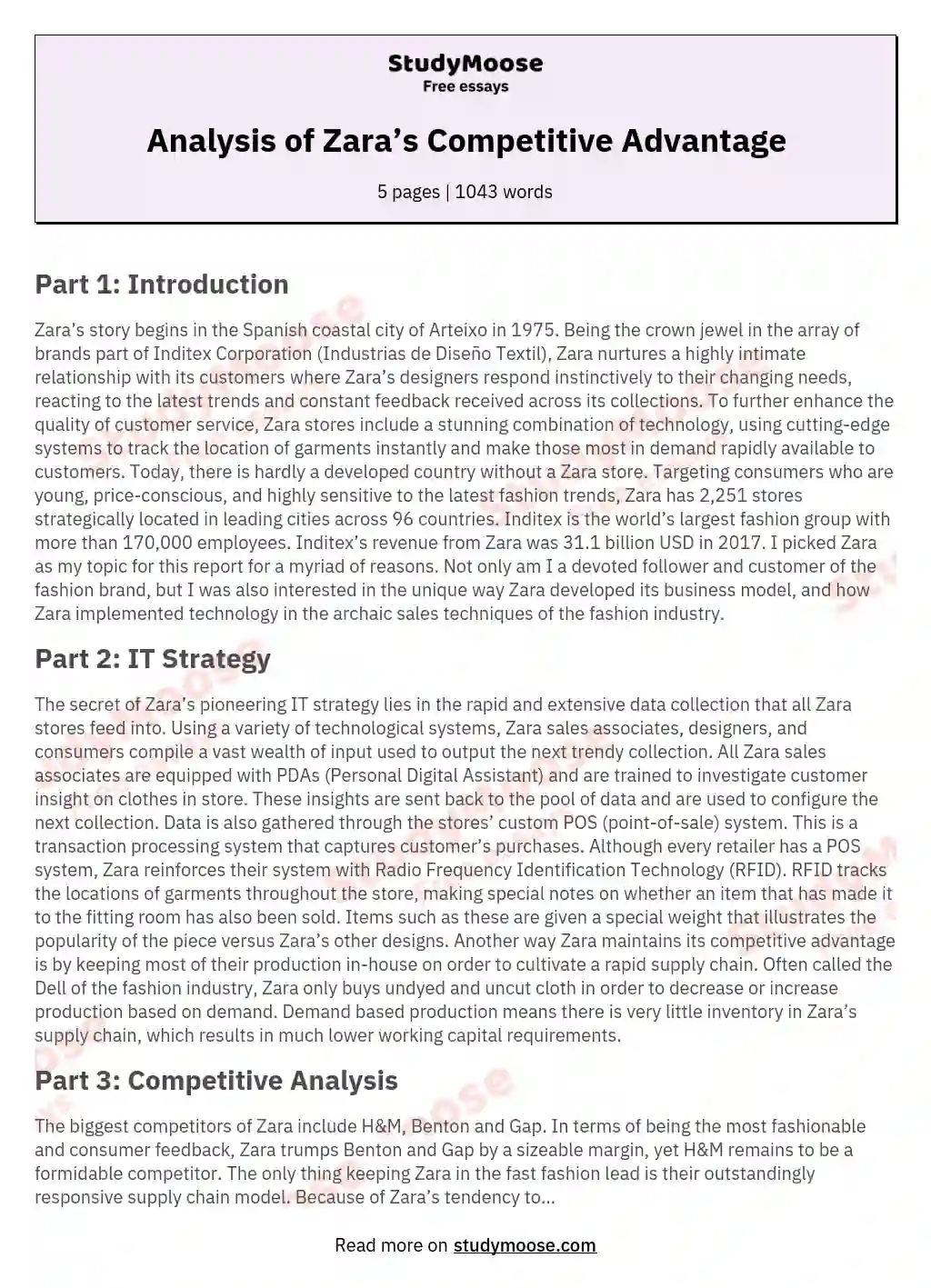 Analysis of Zara’s Competitive Advantage essay