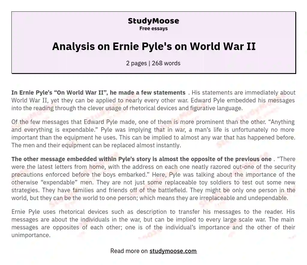 Analysis on Ernie Pyle's on World War II essay