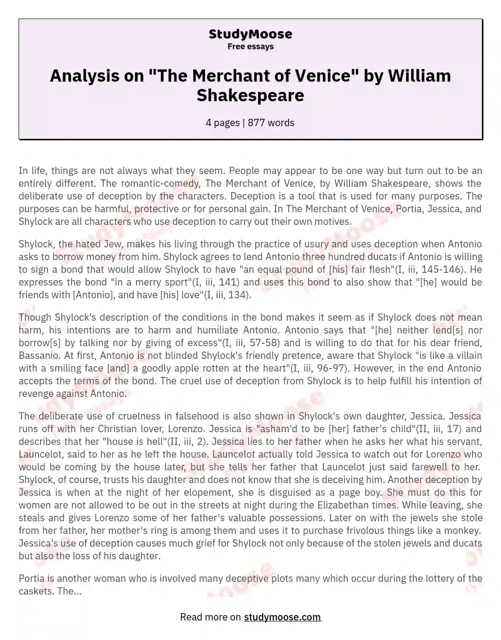 Analysis on "The Merchant of Venice" by William Shakespeare
