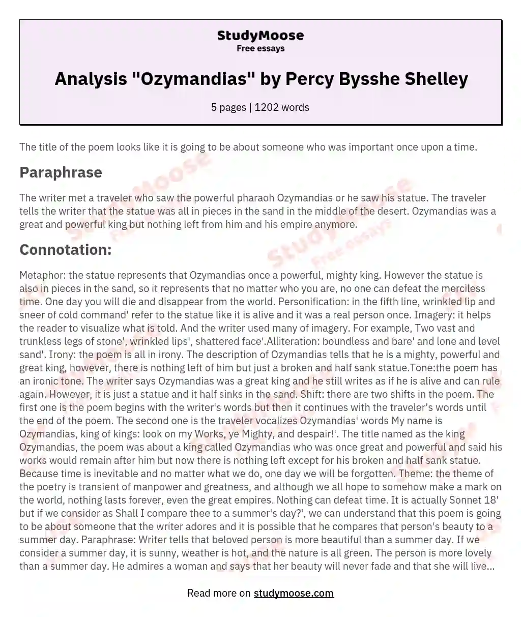 Analysis "Ozymandias" by Percy Bysshe Shelley essay