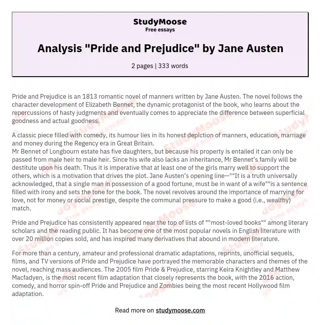 Analysis "Pride and Prejudice" by Jane Austen essay