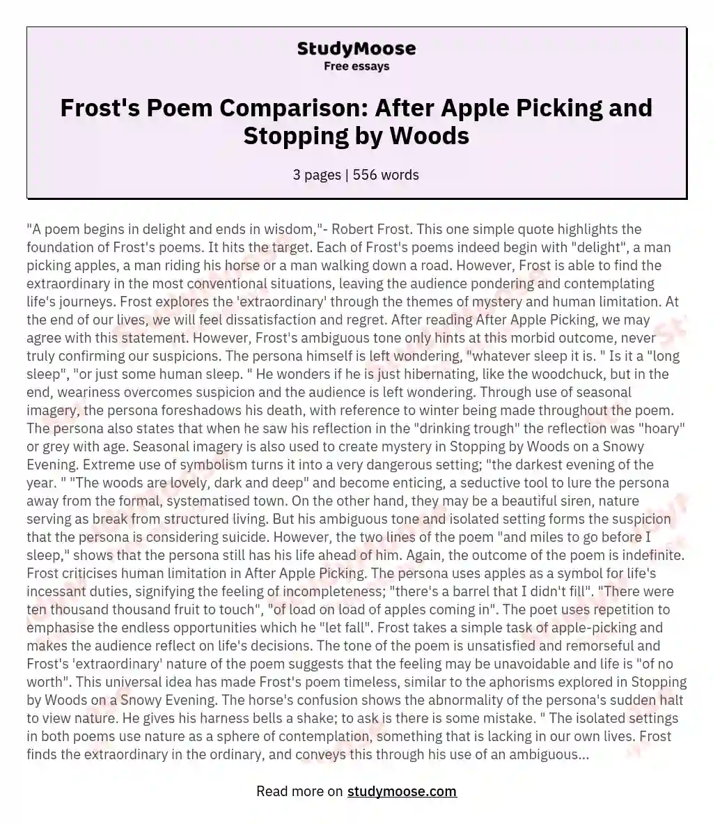Analysis of Robert Frost's "After Apple Picking" and "Stopping by Woods on a Snowy Evening"