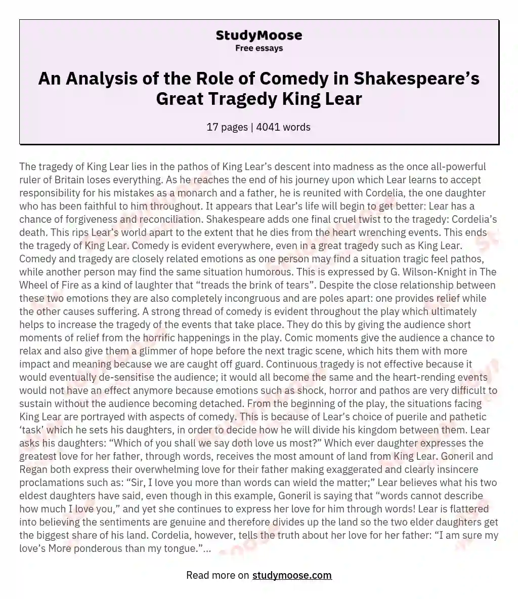 An Analysis of the Role of Comedy in Shakespeare’s Great Tragedy King Lear