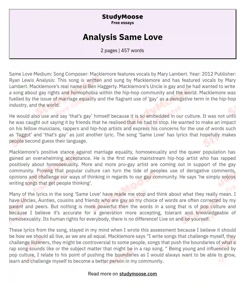 Analysis Same Love essay