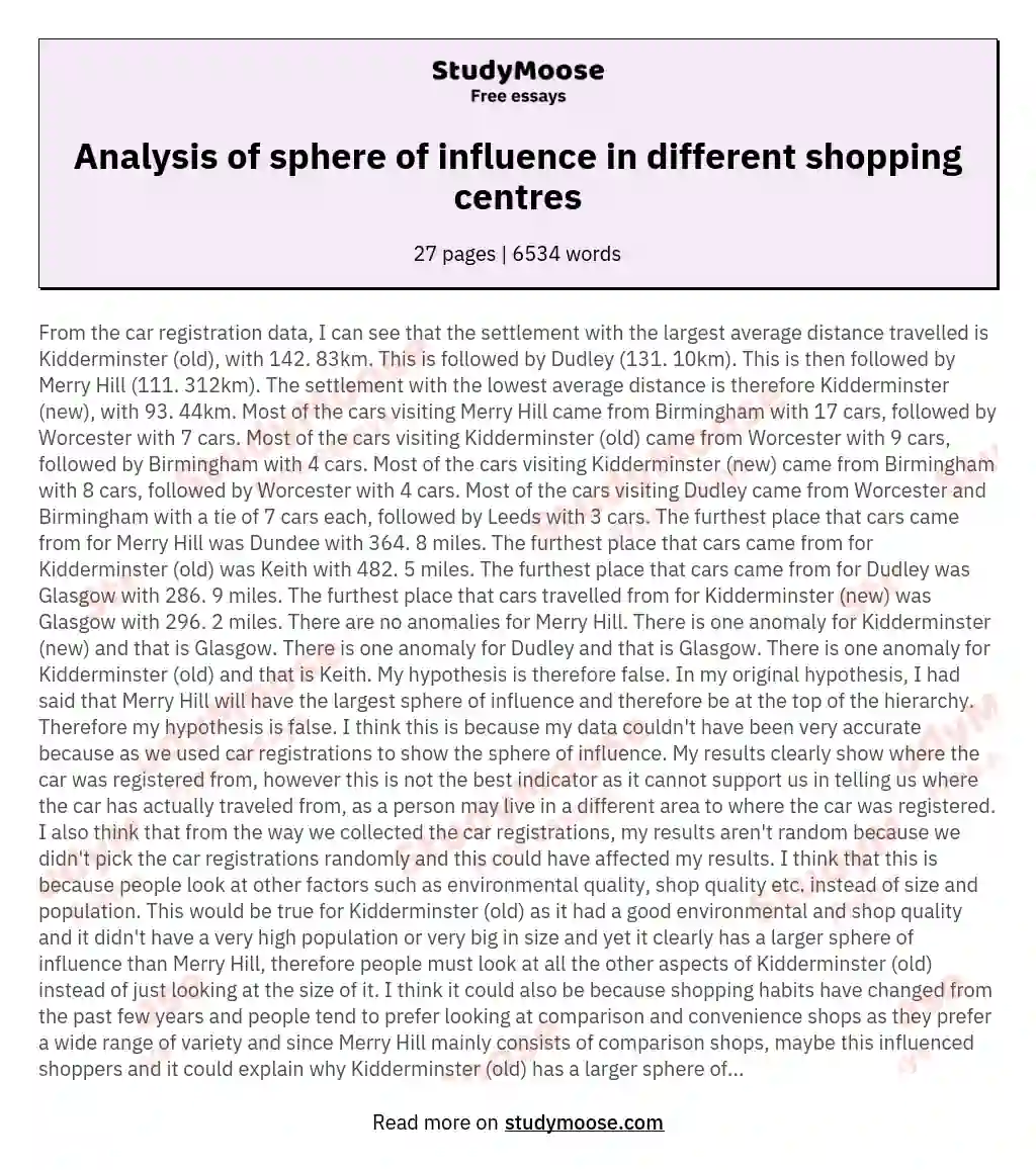 Analysis of sphere of influence in different shopping centres essay