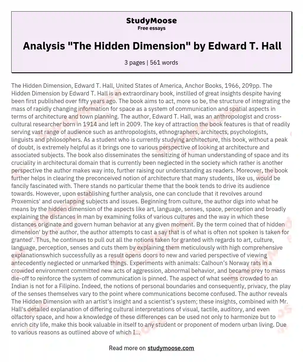 Analysis "The Hidden Dimension" by Edward T. Hall