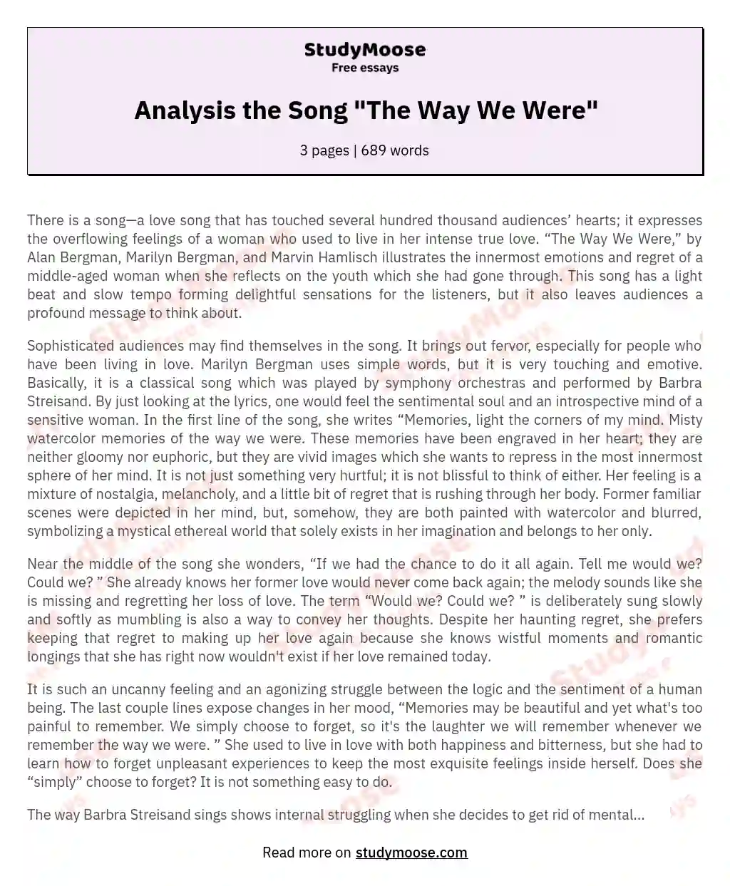 Analysis the Song "The Way We Were" essay