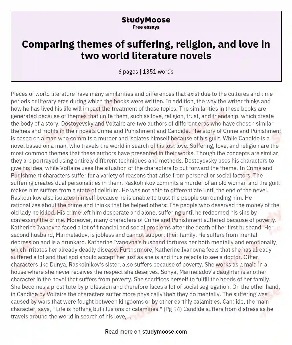 Analysis of themes like suffering, religion and love in two different world literature novels