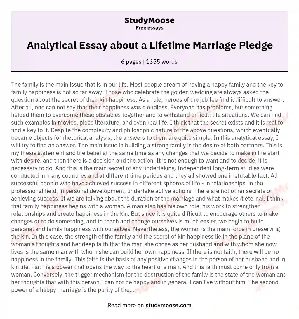 Analytical Essay about a Lifetime Marriage Pledge essay