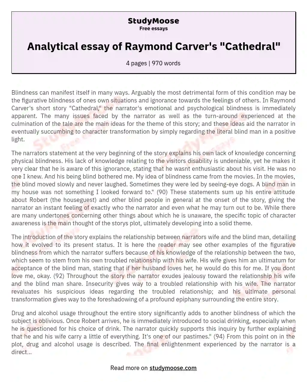 Analytical essay of Raymond Carver's "Cathedral" essay
