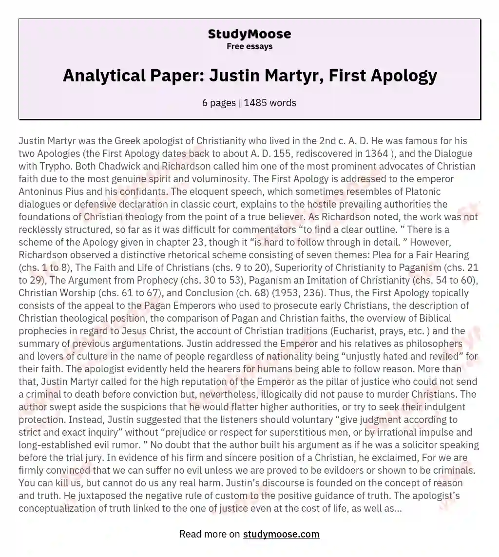 Analytical Paper: Justin Martyr, First Apology