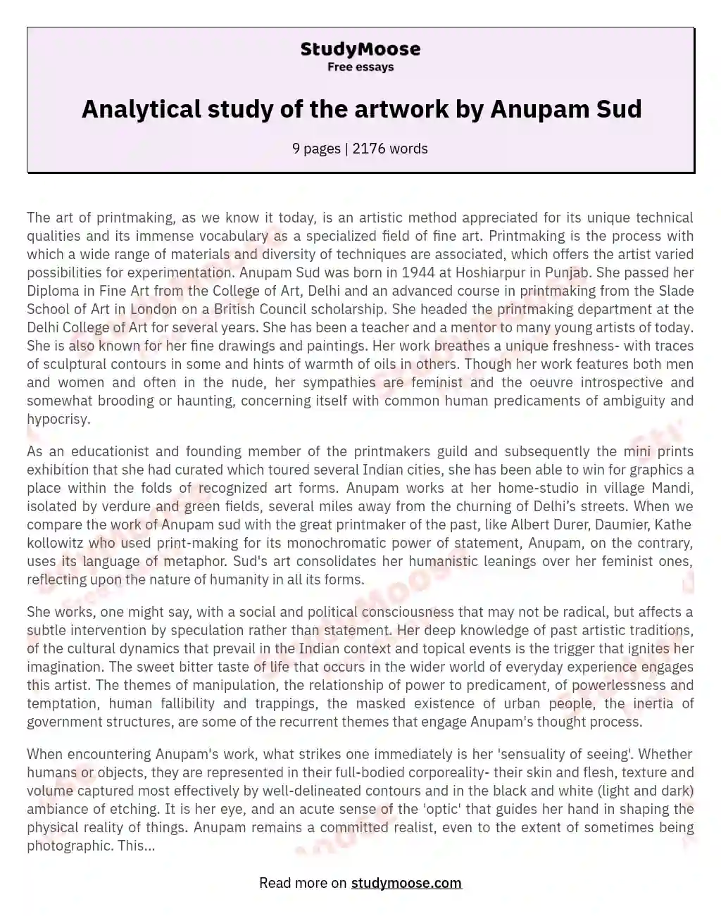 Analytical study of the artwork by Anupam Sud essay