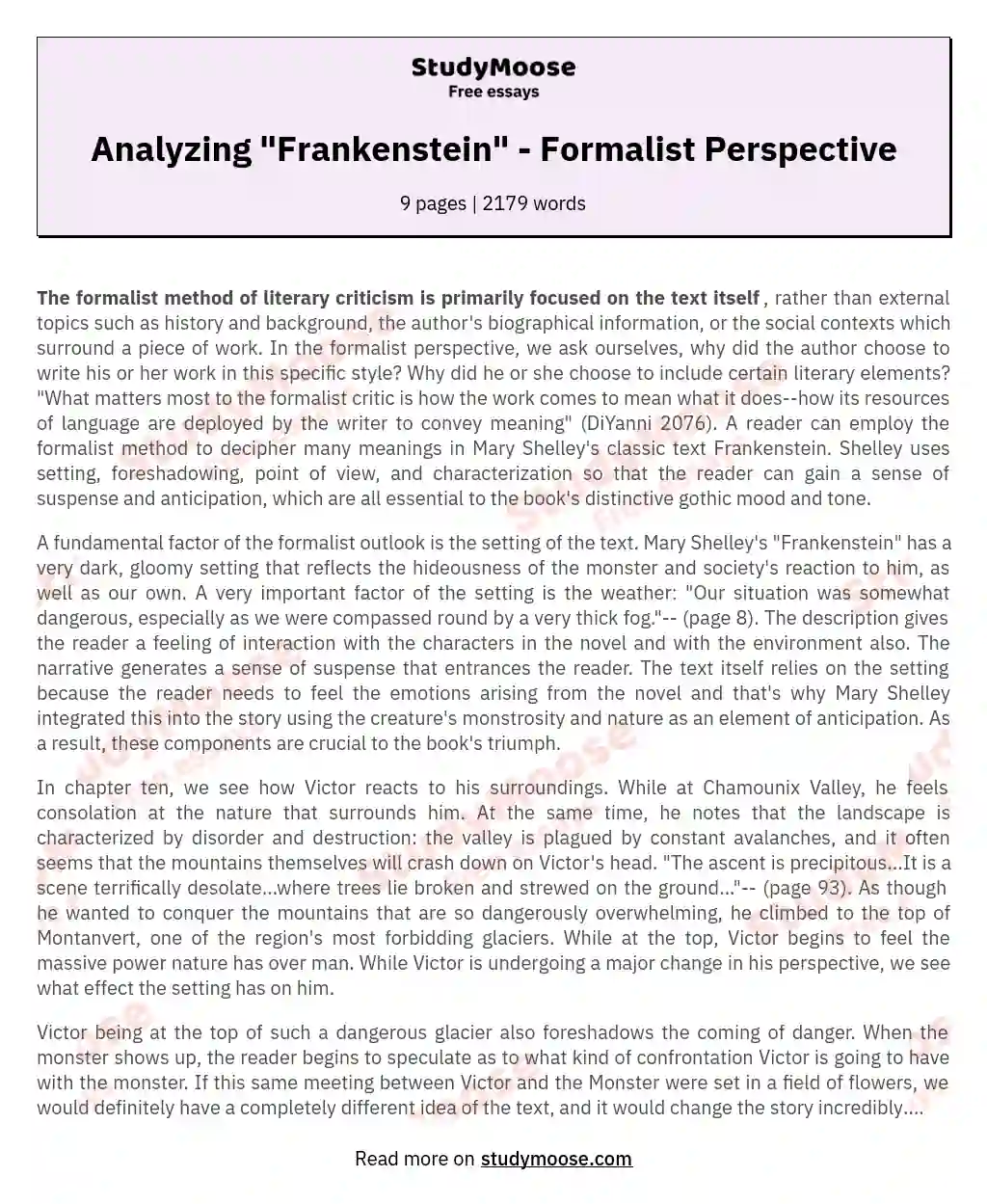 Analyzing "Frankenstein" - Formalist Perspective essay