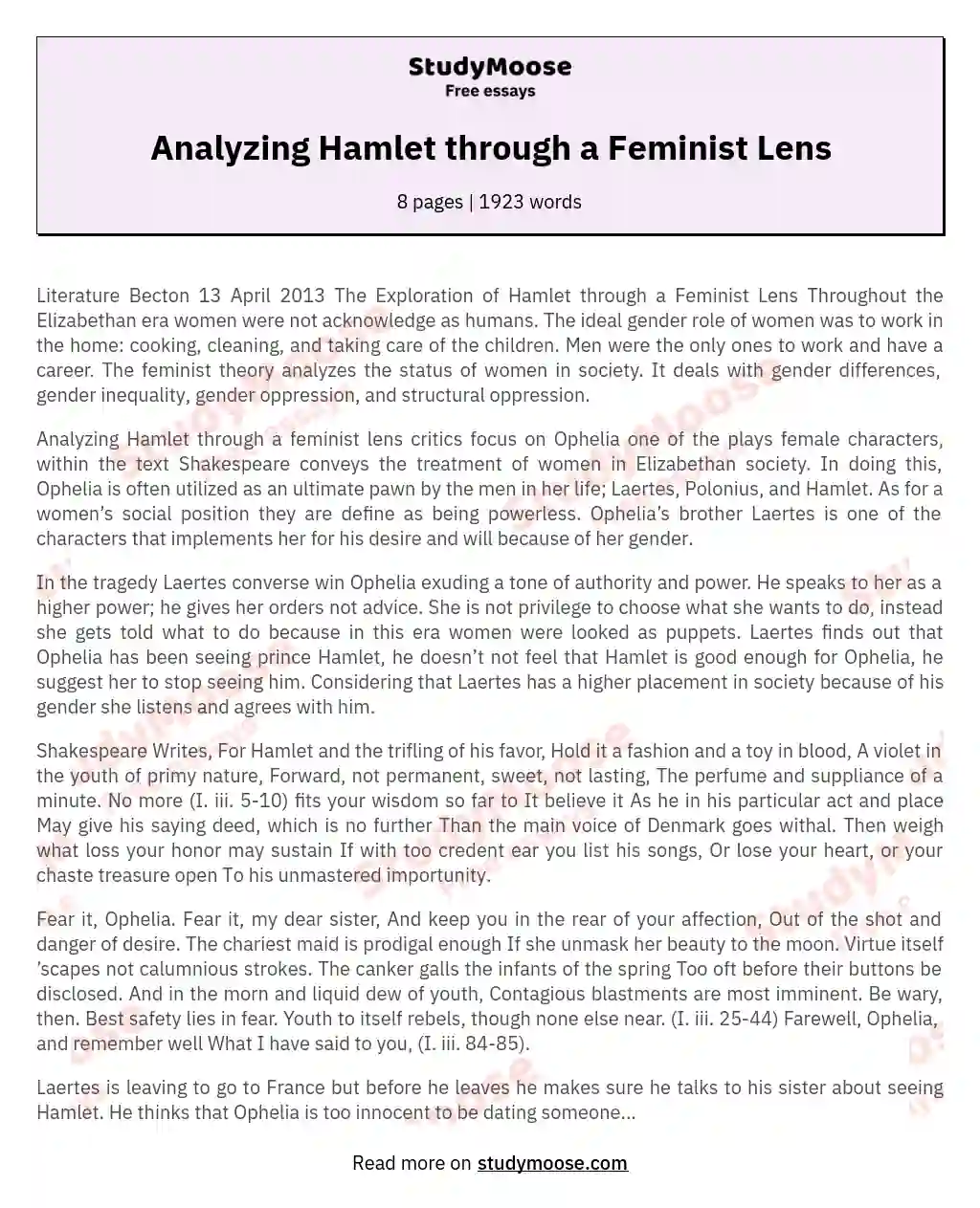 Analyzing Hamlet through a Feminist Lens essay
