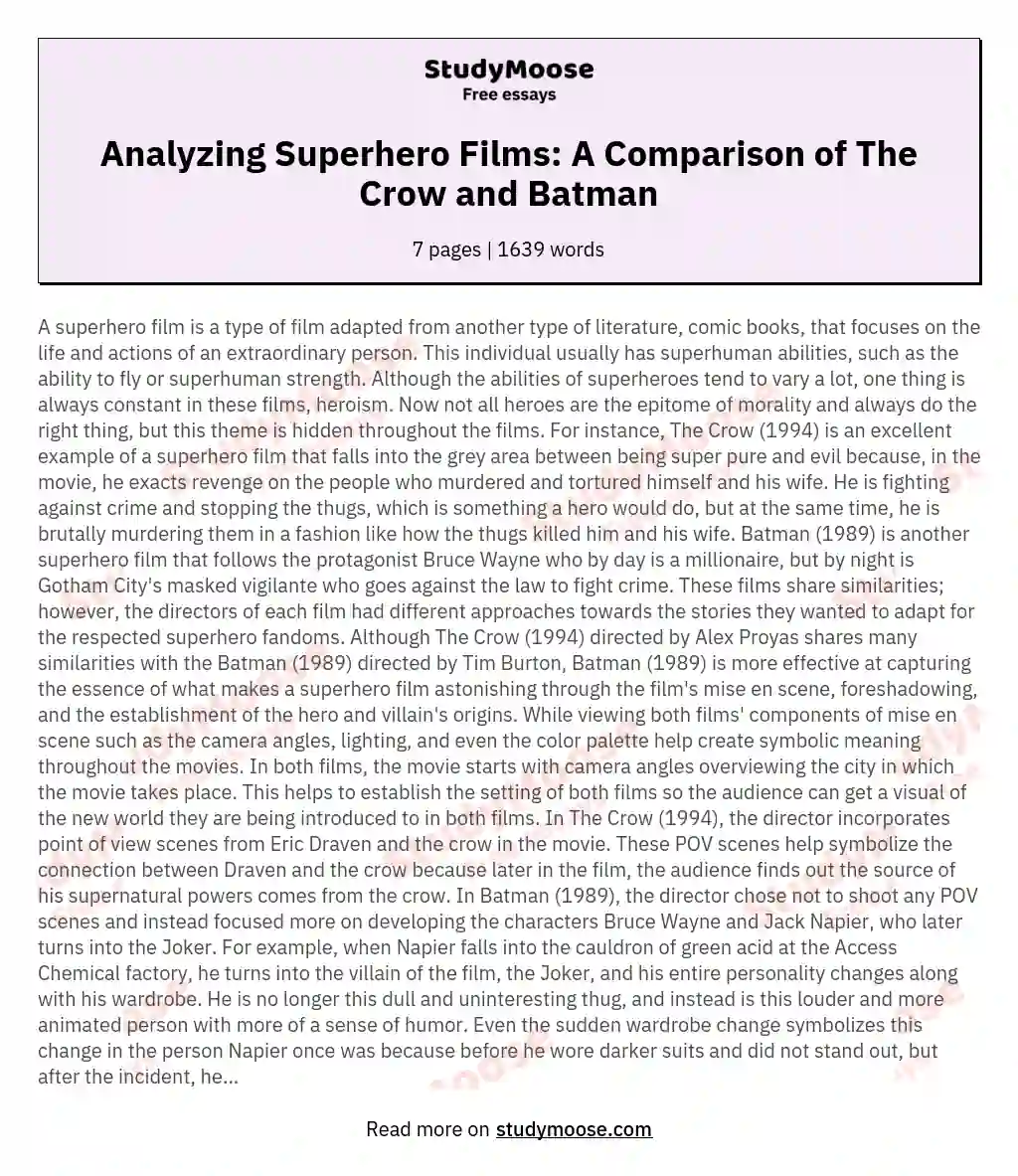 Analyzing Superhero Films: A Comparison of The Crow and Batman essay