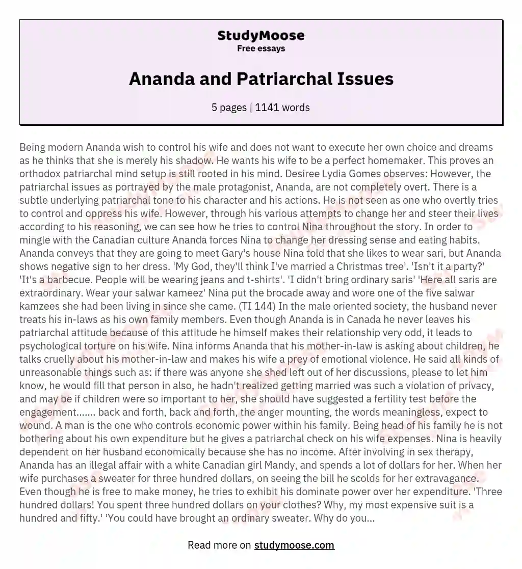 Ananda and Patriarchal Issues essay