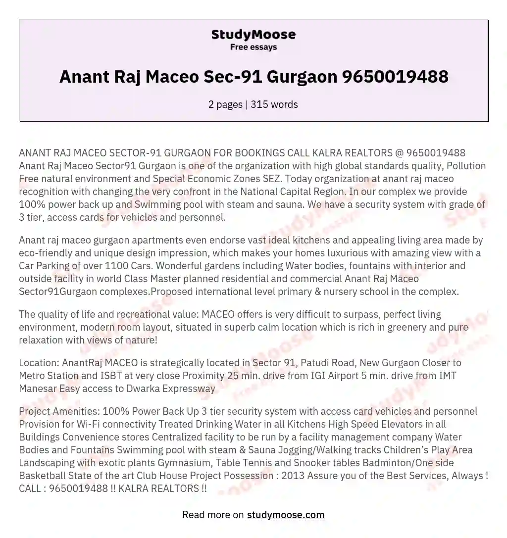 Anant Raj Maceo Sec-91 Gurgaon 9650019488