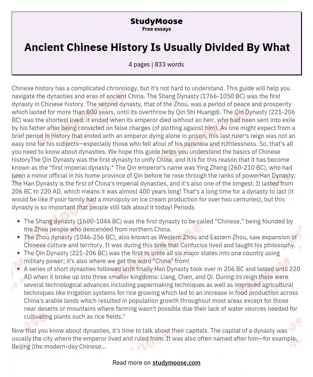 Ancient Chinese History Is Usually Divided By What essay