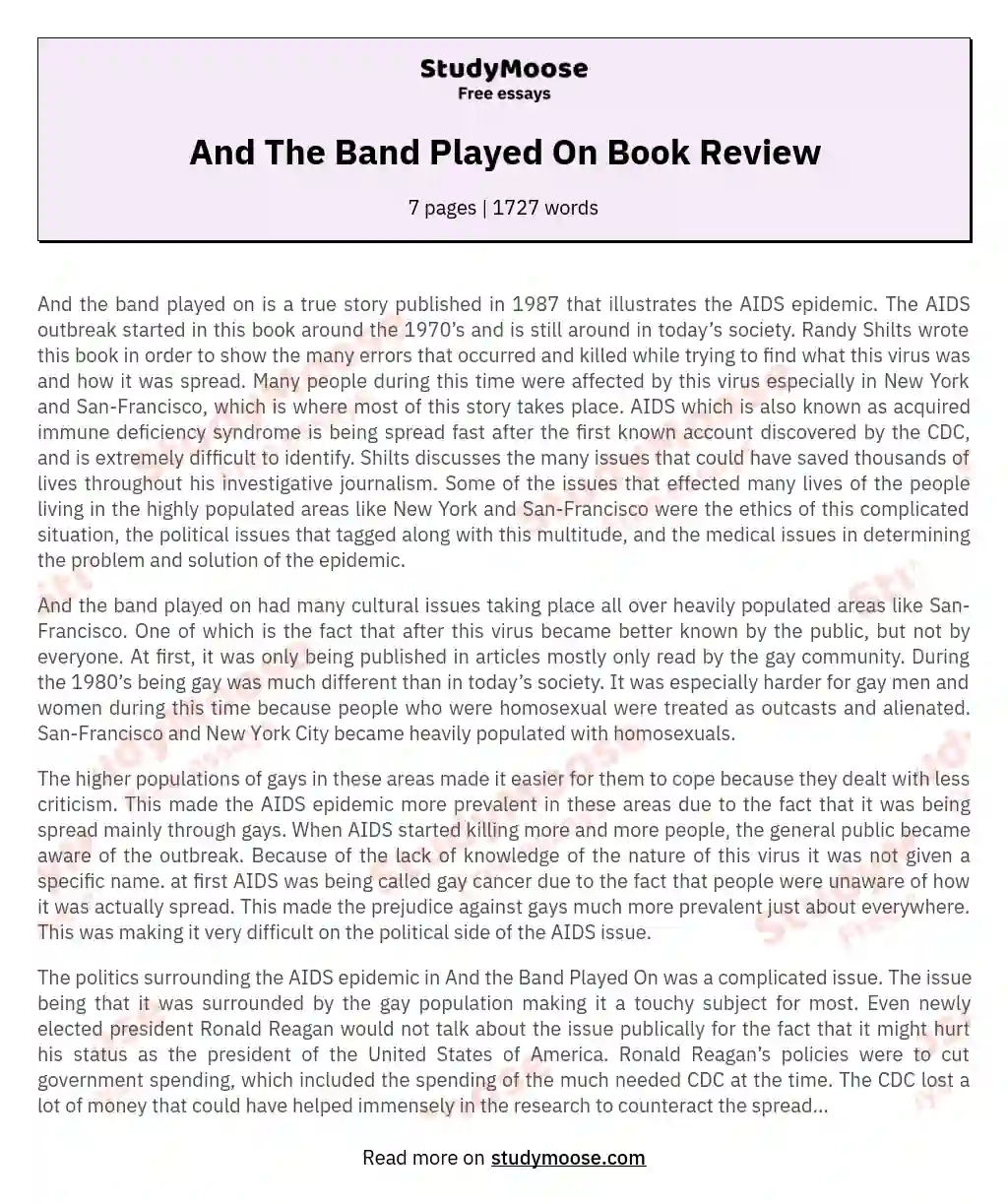 "And the Band Played On": A Critical Analysis of the AIDS Epidemic essay