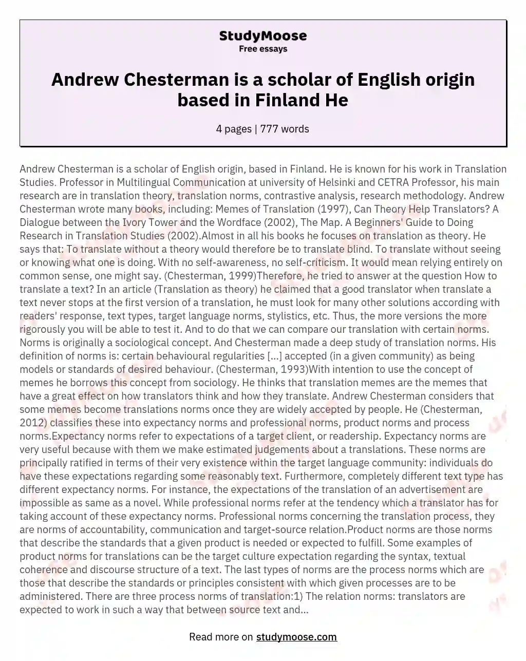 Andrew Chesterman is a scholar of English origin based in Finland He essay
