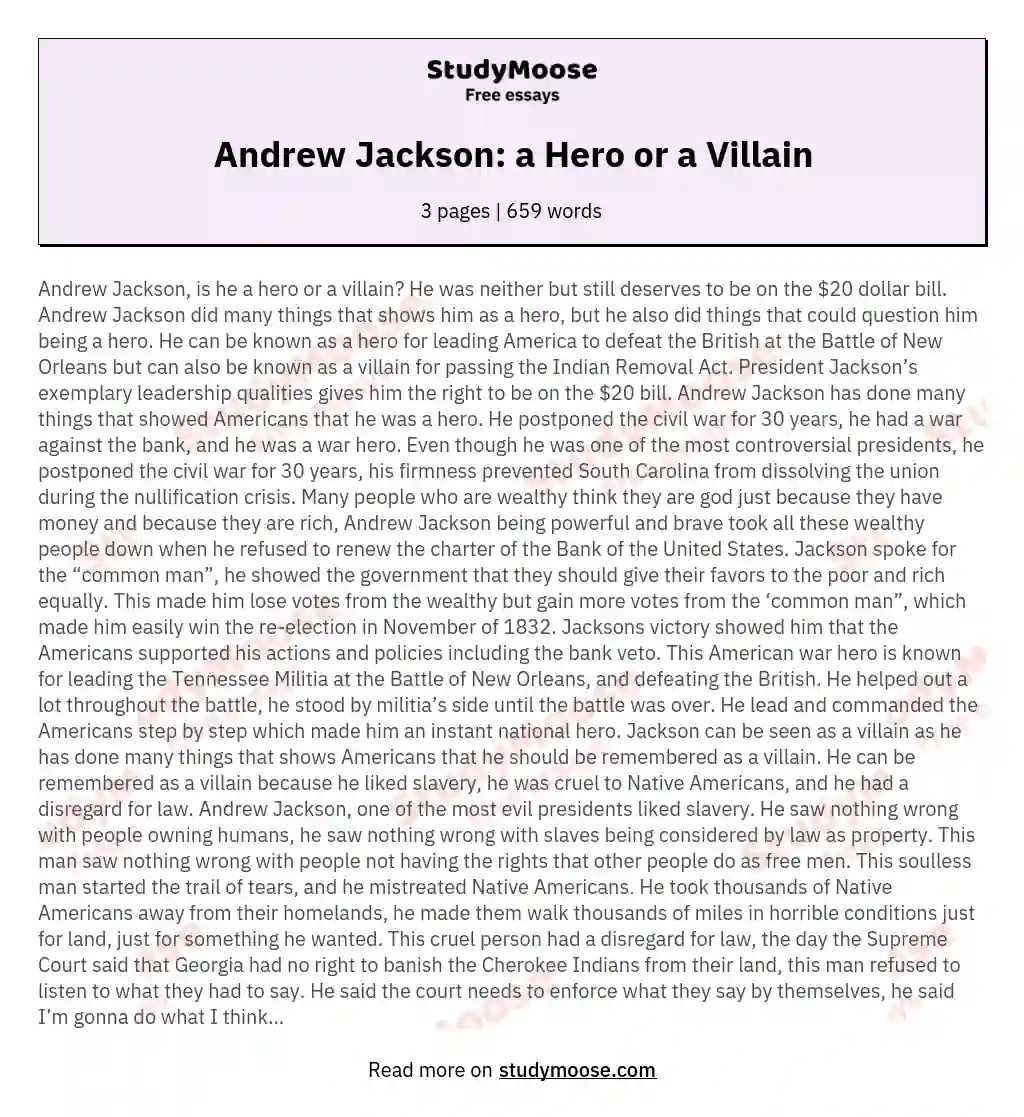 Andrew Jackson: a Hero or a Villain essay