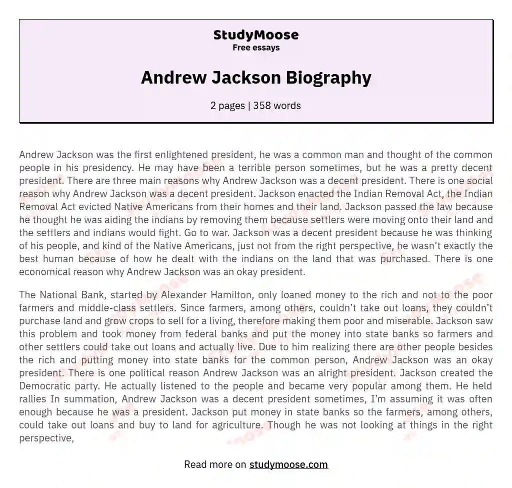 Andrew Jackson Biography essay