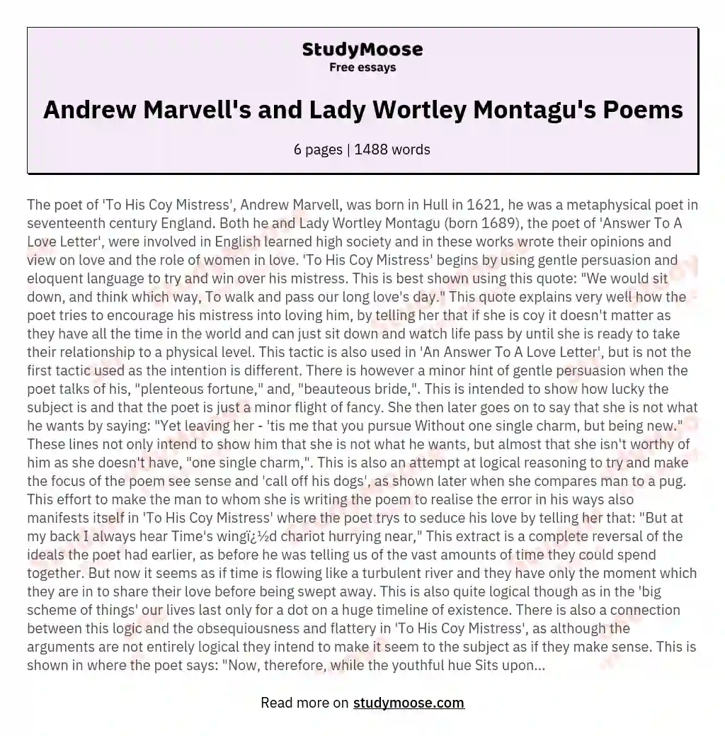 Andrew Marvell's and Lady Wortley Montagu's Poems essay