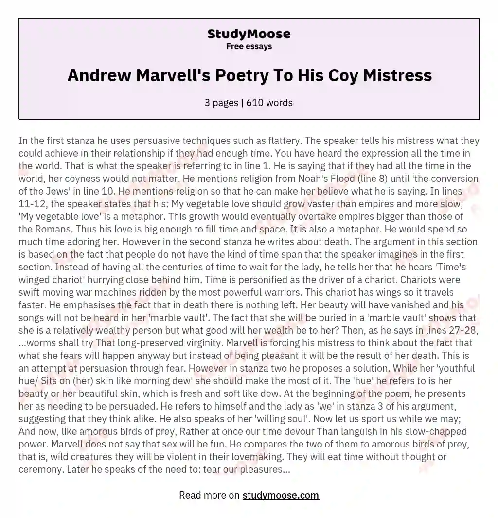 Andrew Marvell's Poetry To His Coy Mistress