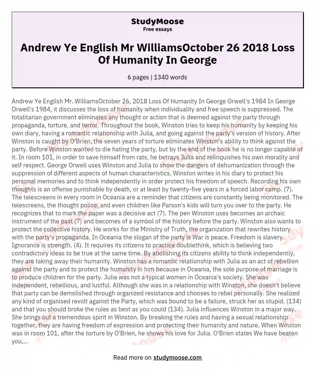Andrew Ye English Mr WilliamsOctober 26 2018 Loss Of Humanity In George