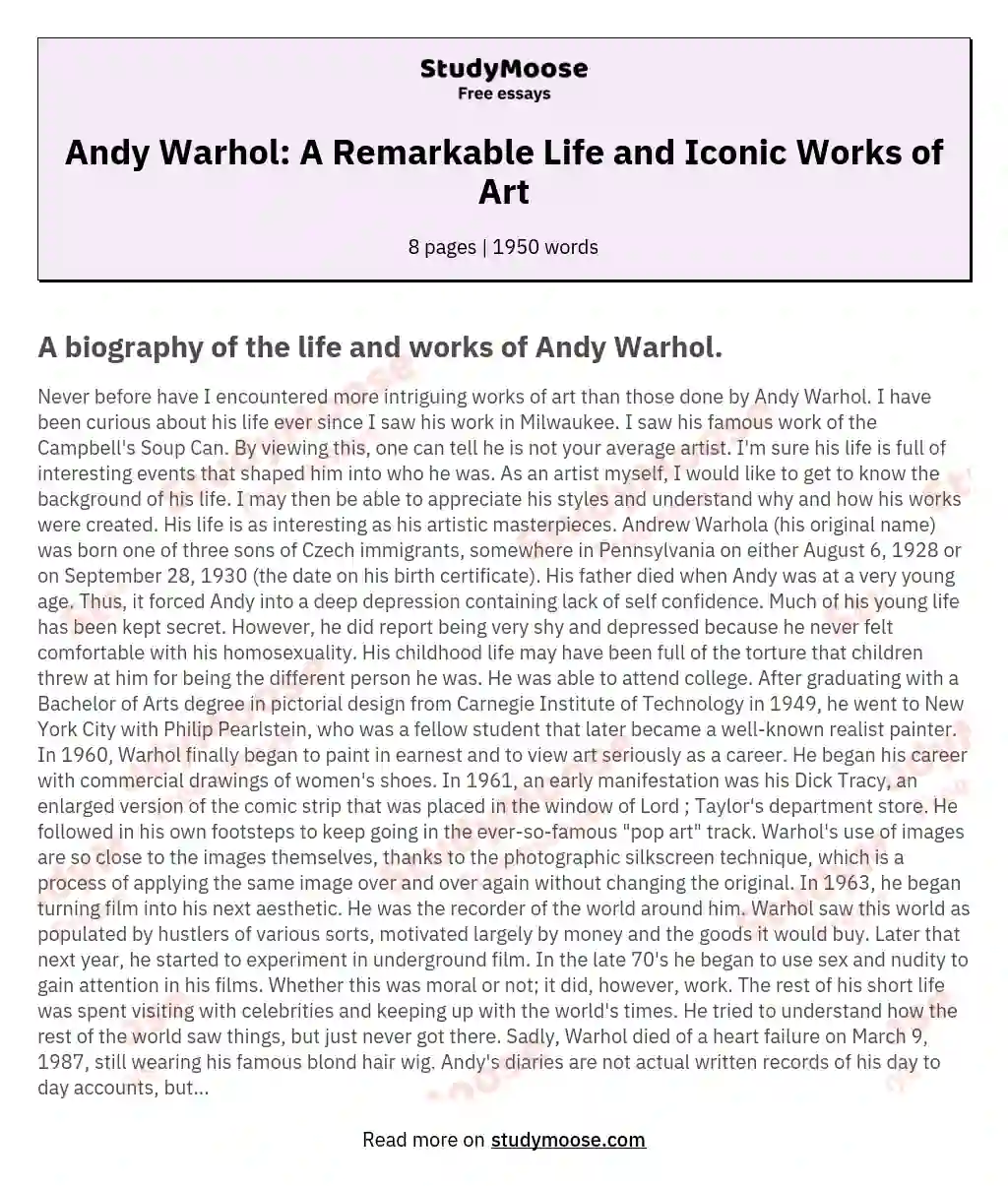 The Life and Works of Andy Warhol: A Biography essay