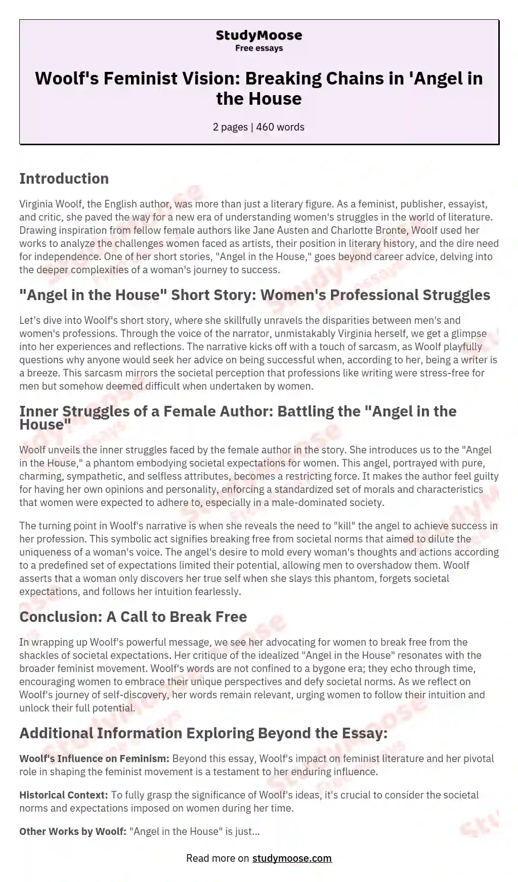 Woolf's Feminist Vision: Breaking Chains in 'Angel in the House essay