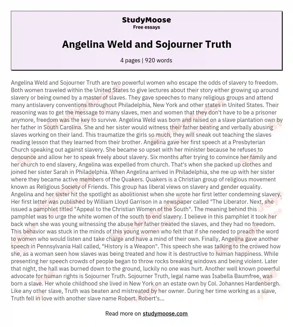 Angelina Weld and Sojourner Truth essay