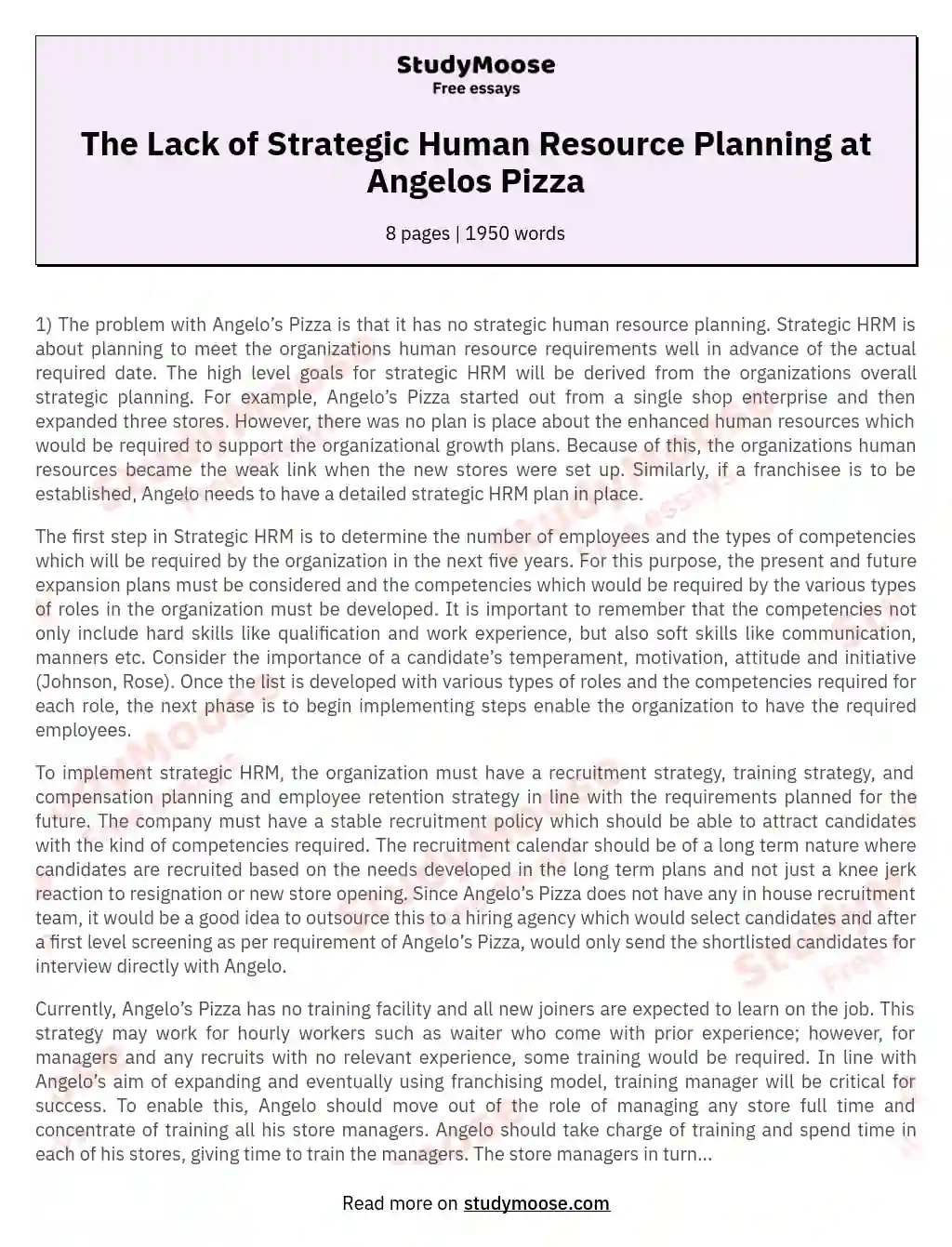 The Lack of Strategic Human Resource Planning at Angelos Pizza essay