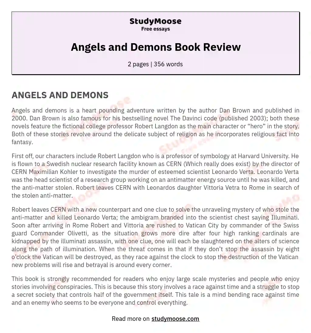 Angels and Demons Book Review essay