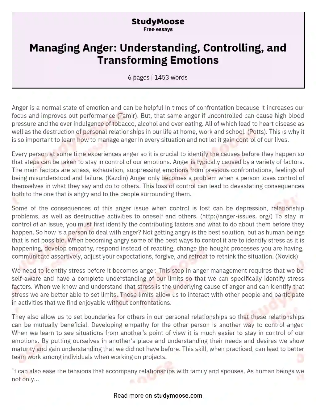 Managing Anger: Understanding, Controlling, and Transforming Emotions essay