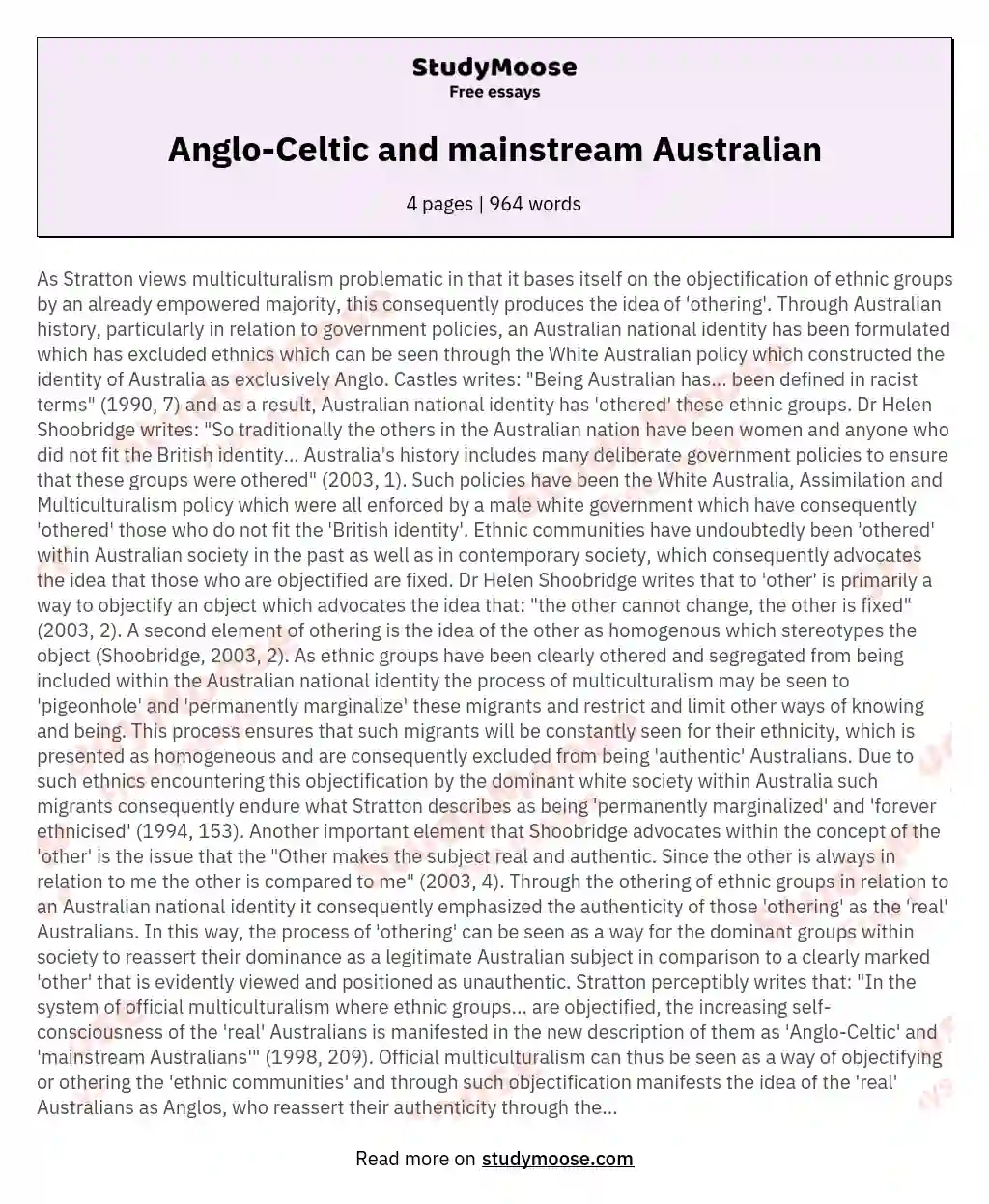 Anglo-Celtic and mainstream Australian essay
