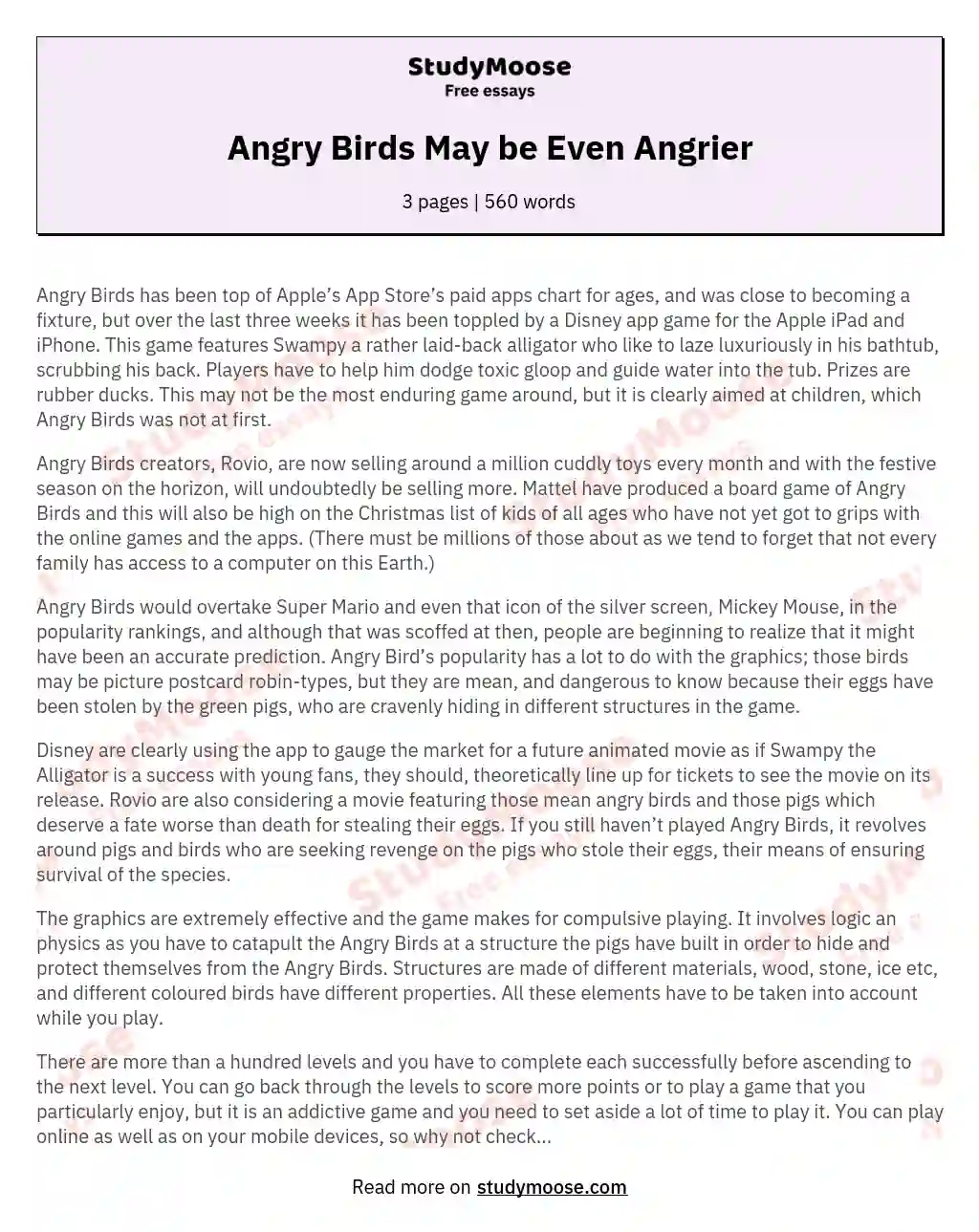 Angry Birds May be Even Angrier essay