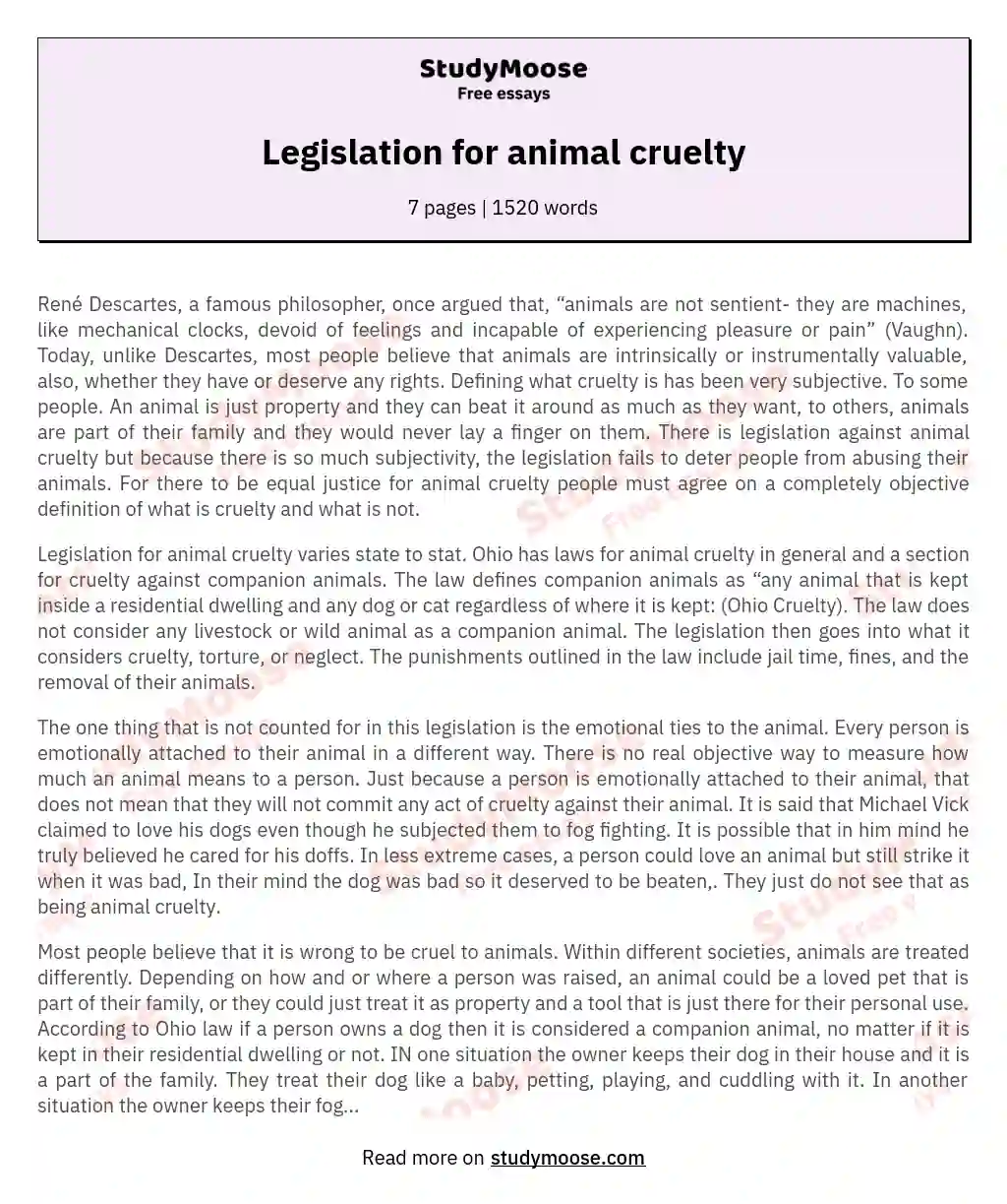 Legislation for animal cruelty Free Essay Example