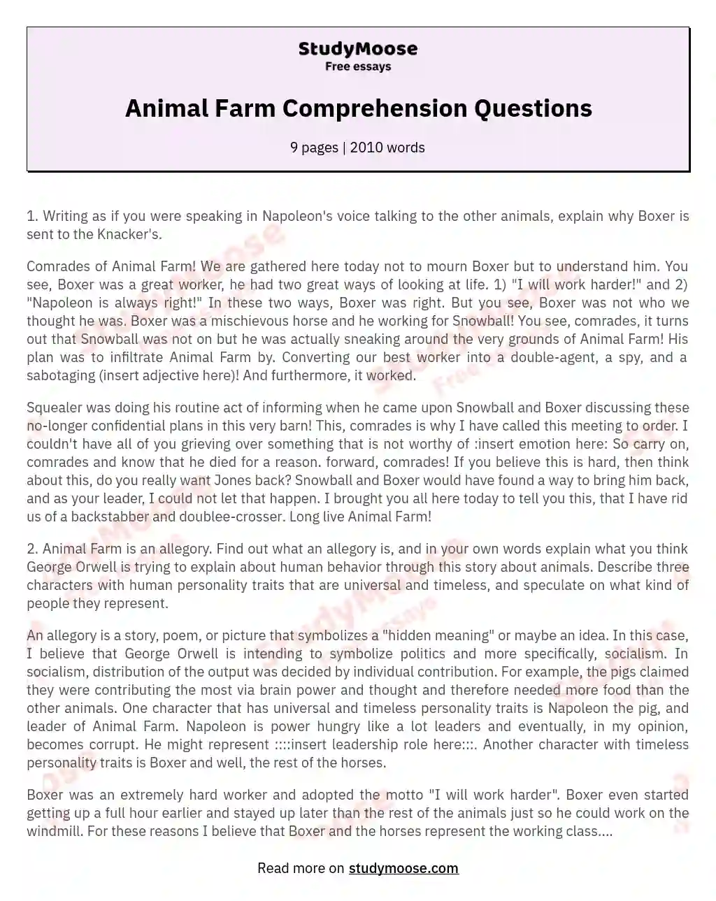 Animal Farm Comprehension Questions essay