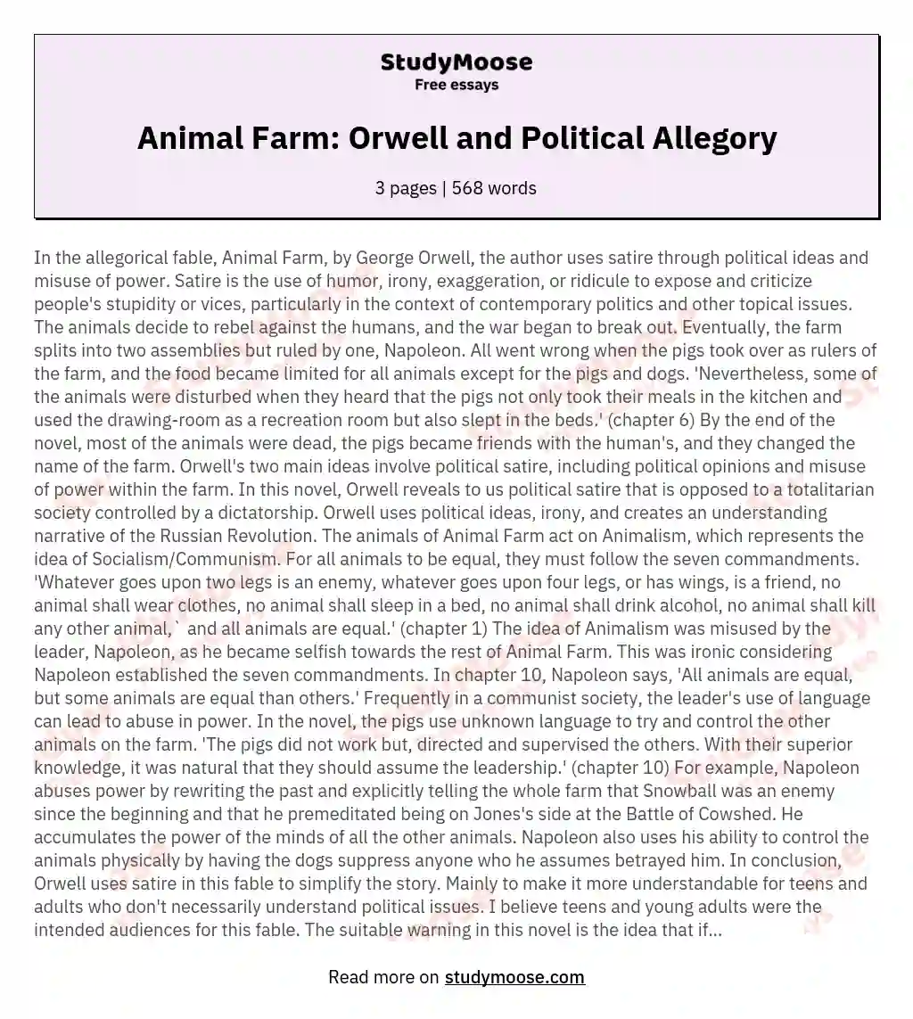 Animal Farm: Orwell and Political Allegory Free Essay Example